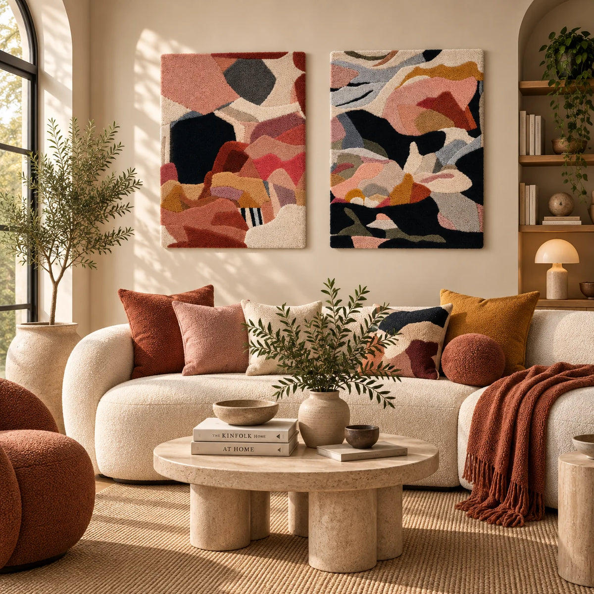 Coral Patchwork Interlude × Rosewood Reverberation paired wool wall art in a styled room — Rosewood Shape Interlude