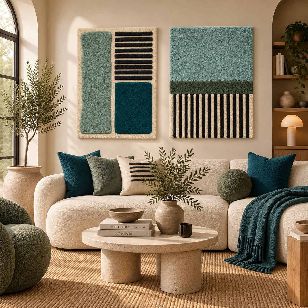 Sea Glass Blocks with Ebony Lines × Seafoam Canopy Stripe Panel paired wool wall art in a styled room — Sea Glass and Stripes