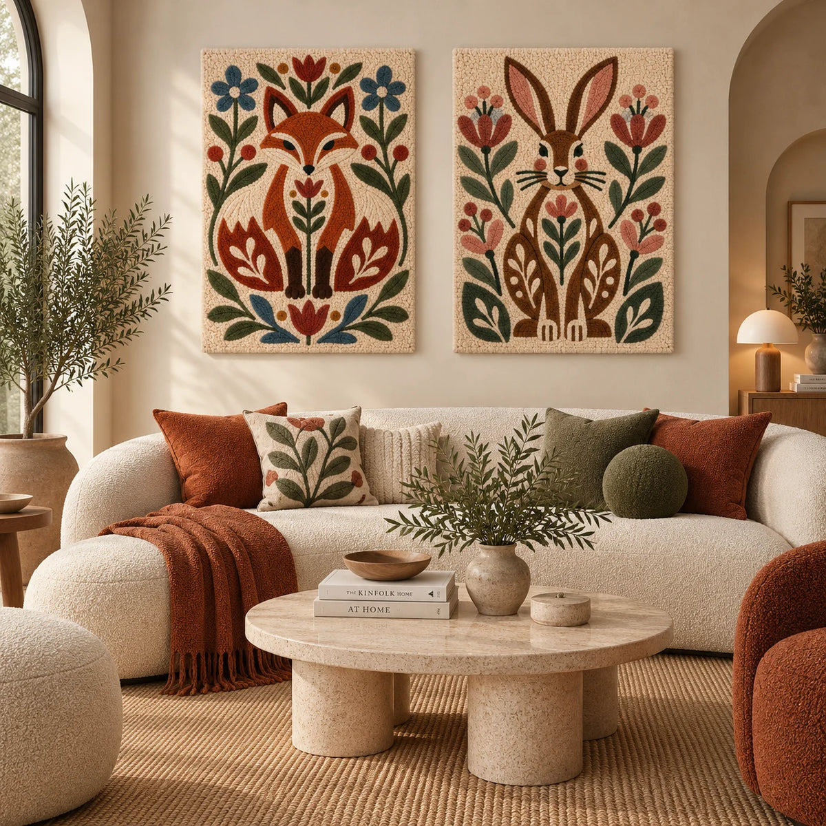 The Fox in the Folk Garden × The Meadow Hare paired wool wall art in a styled room — Fox and Meadow Hare