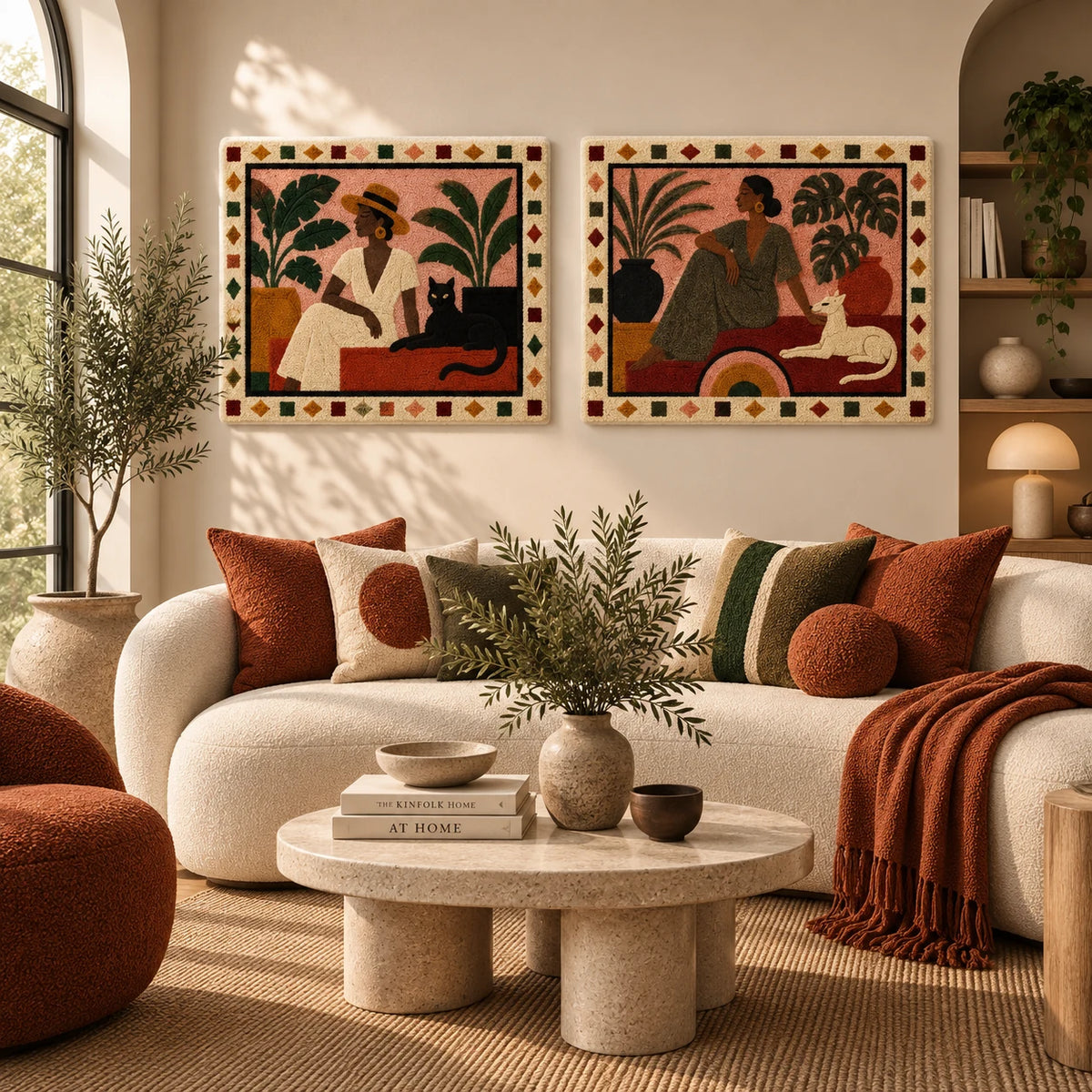 Woman in Cream Dress × Woman with Whippet paired wool wall art in a styled room — Companions in the Sunroom