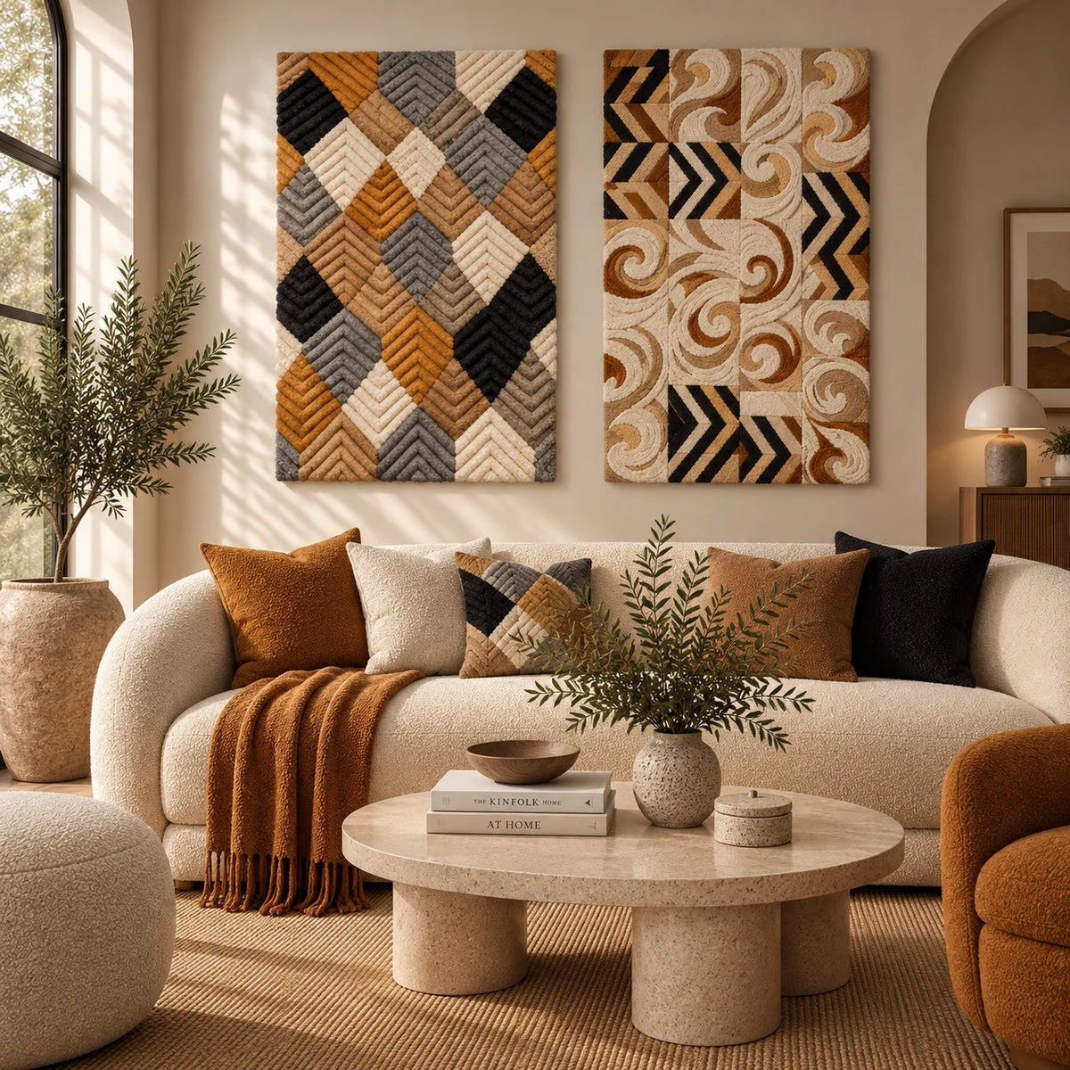 Harvest Chevron Mosaic × Patchwork Runner paired wool wall art in a styled room — Earthwoven Pattern Paths