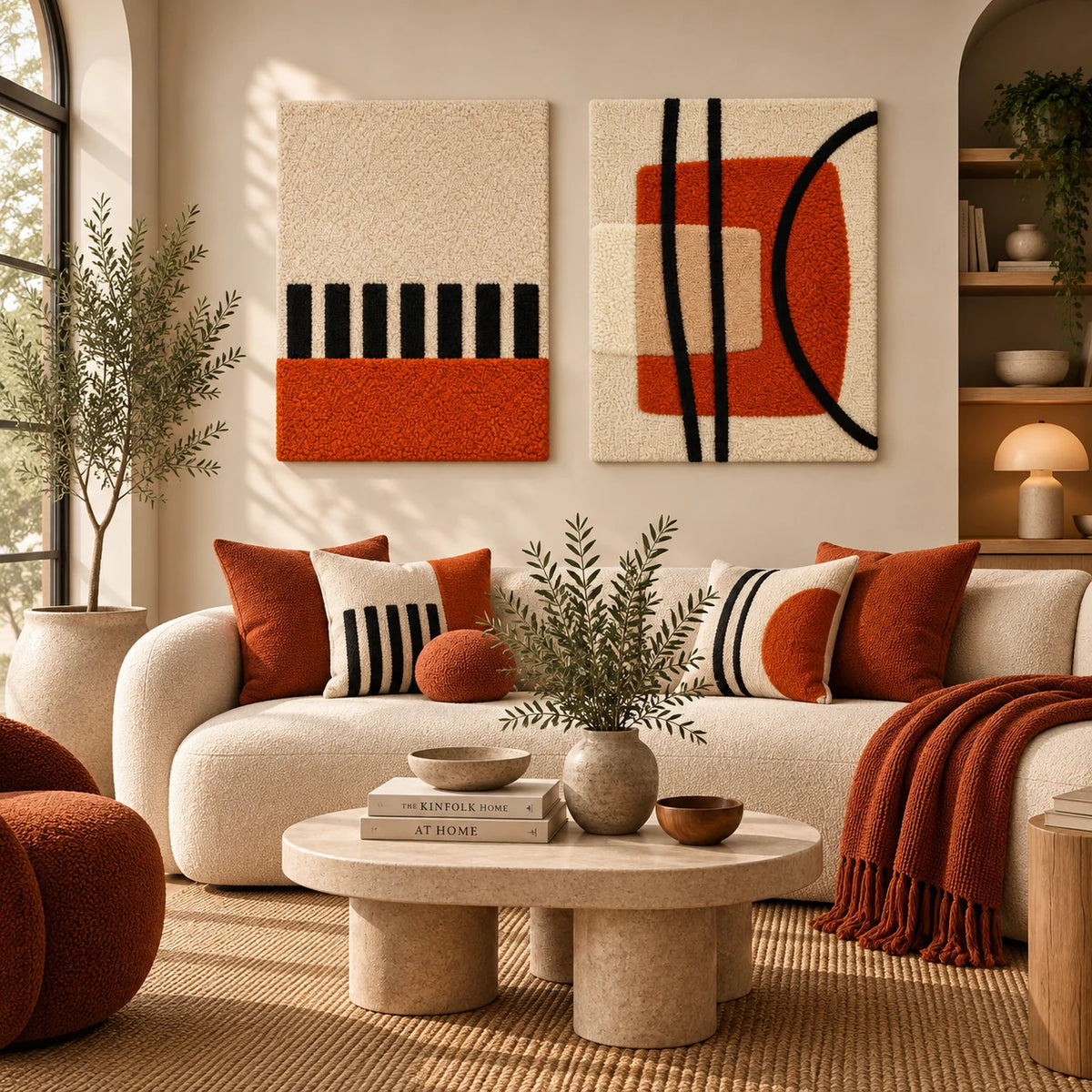 Terracotta Piano Bars × Black Arc over a Clay Square paired wool wall art in a styled room — Terracotta Keys and Arcs