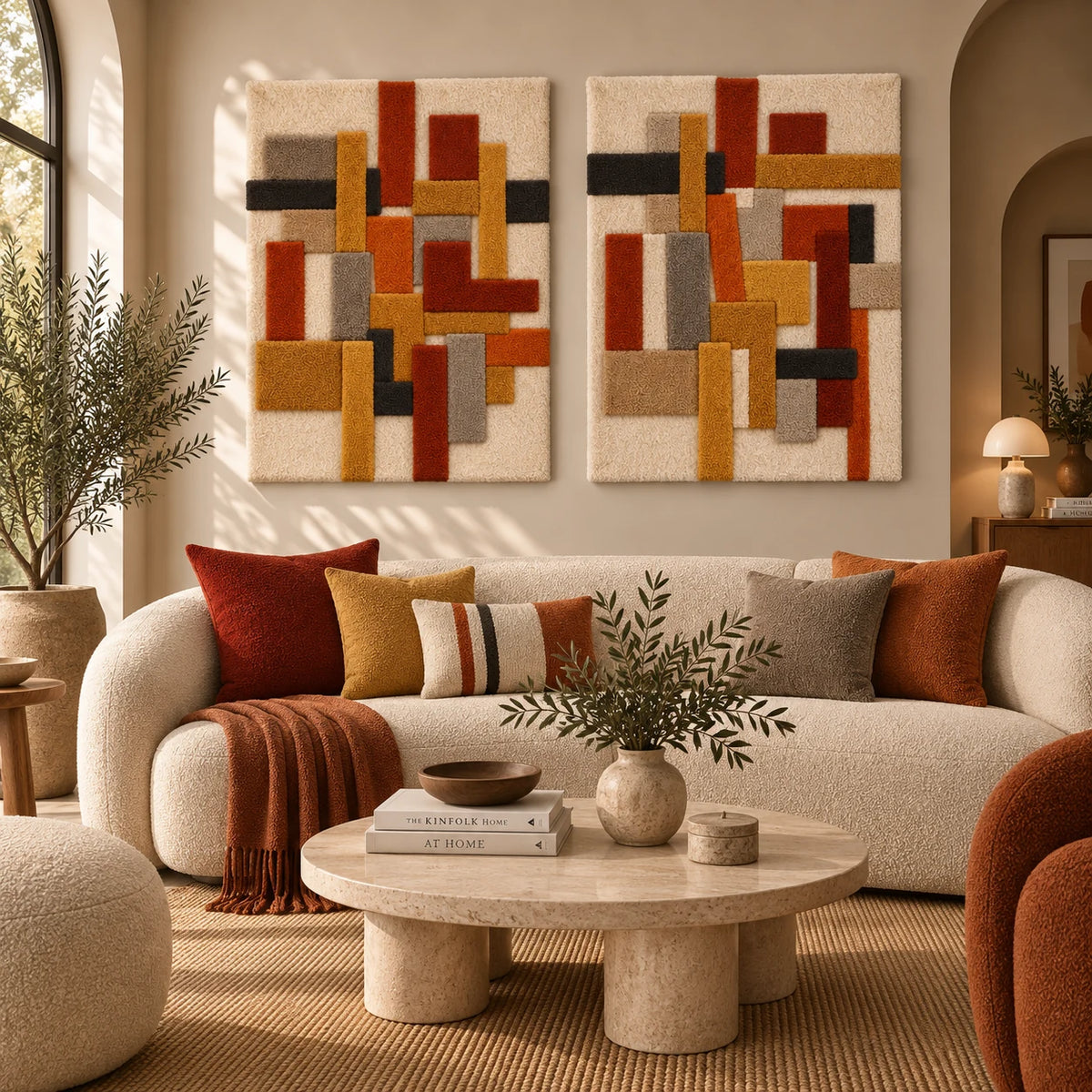 Autumn Bars in Vertical Counterpoint × Ochre Crossbar and Rust Columns paired wool wall art in a styled room — Autumn Bar Counterpoint