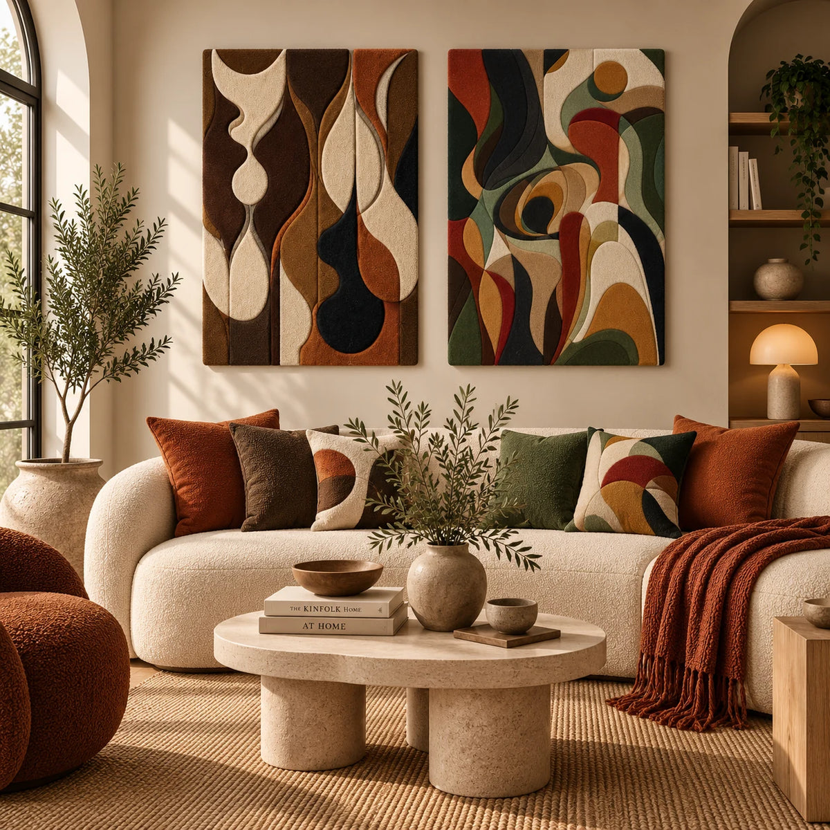 Earthy Organic Abstract × Expressive Swirl Abstract paired wool wall art in a styled room — Earthy Organic Currents