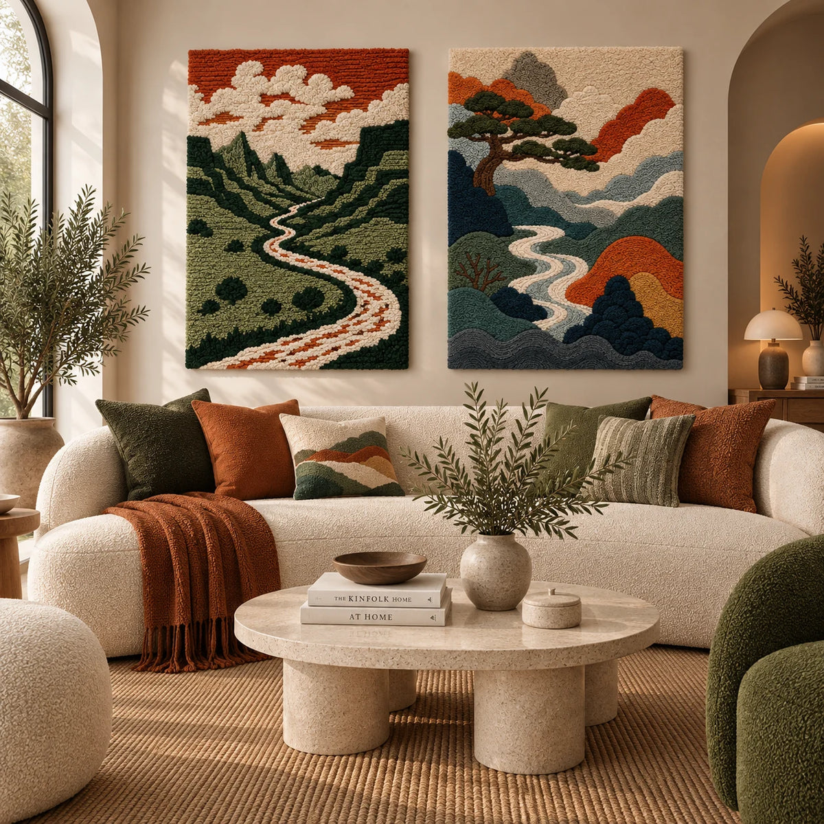Luminous Palms × Luminous Thicket paired wool wall art in a styled room — River Through Mountain Clouds