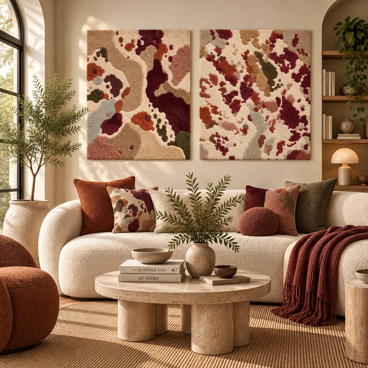 Burgundy Riverbed × Garnet Mineral Bloom paired wool wall art in a styled room — Garnet Earth Fragments