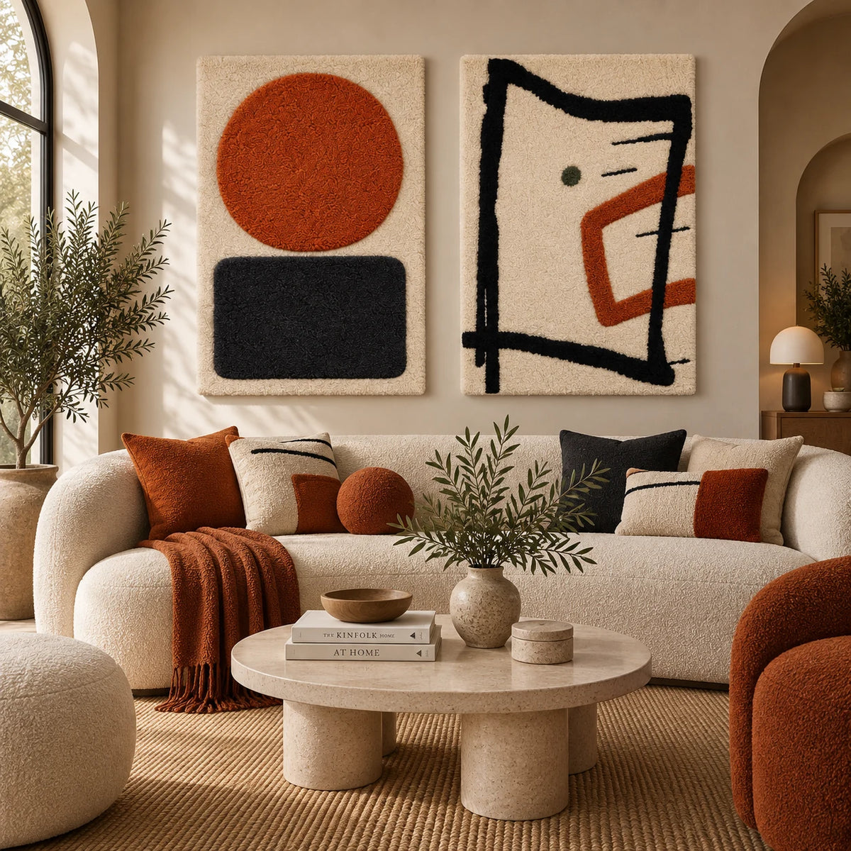 Ember Disc and Charcoal Plinth × The Copper Gesture paired wool wall art in a styled room — Ember Ink Balance