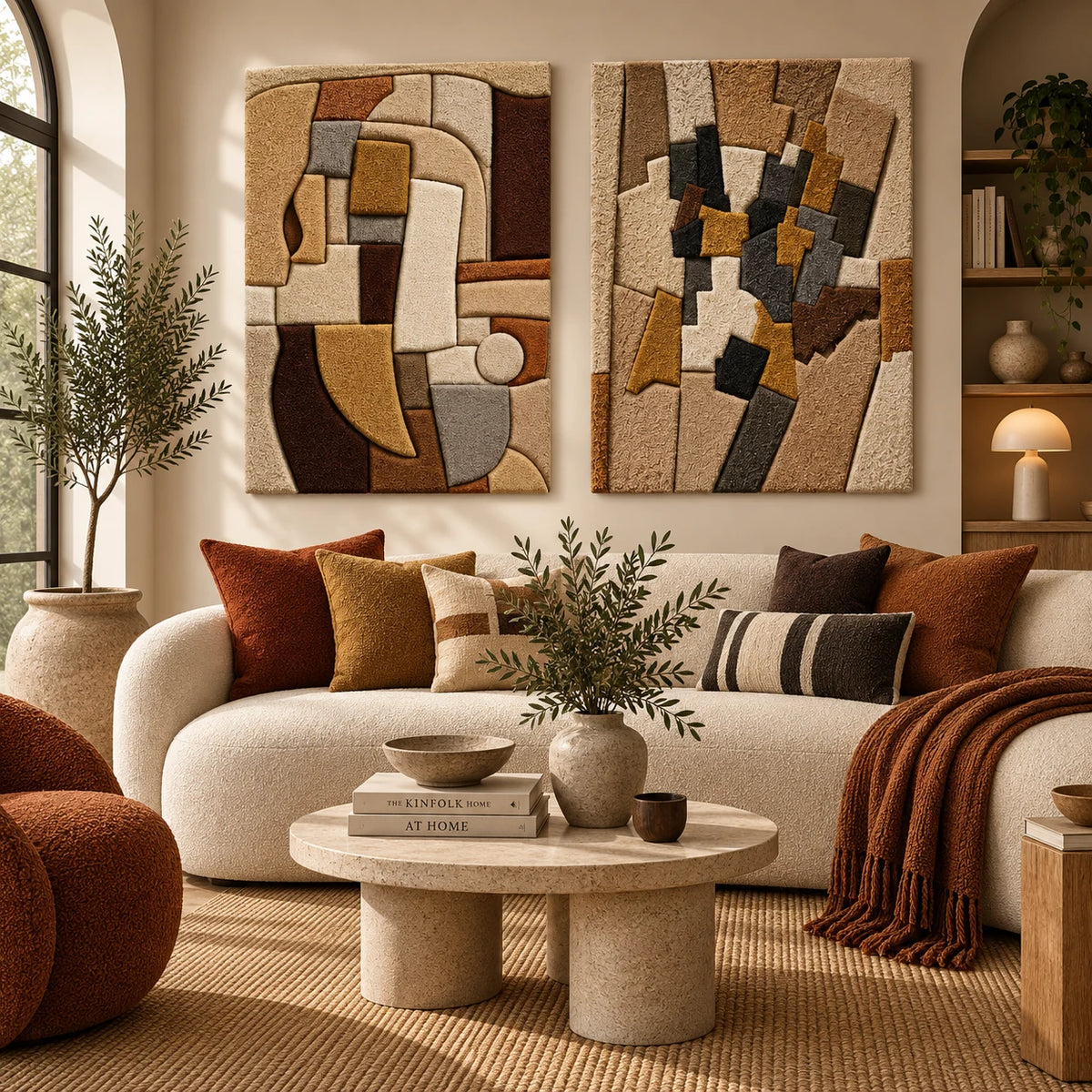 Cubist Hearth × Patchwork Tower paired wool wall art in a styled room — Quiet Stone Assembly