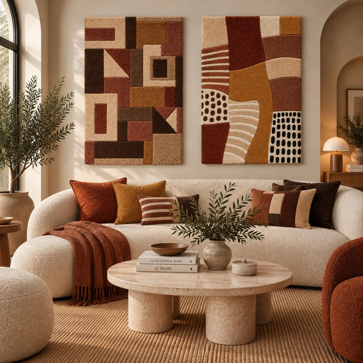 Cinnamon Patchwork Architecture × Ochre Patchwork Rhythm paired wool wall art in a styled room — Cinnamon Patchwork Rhythm