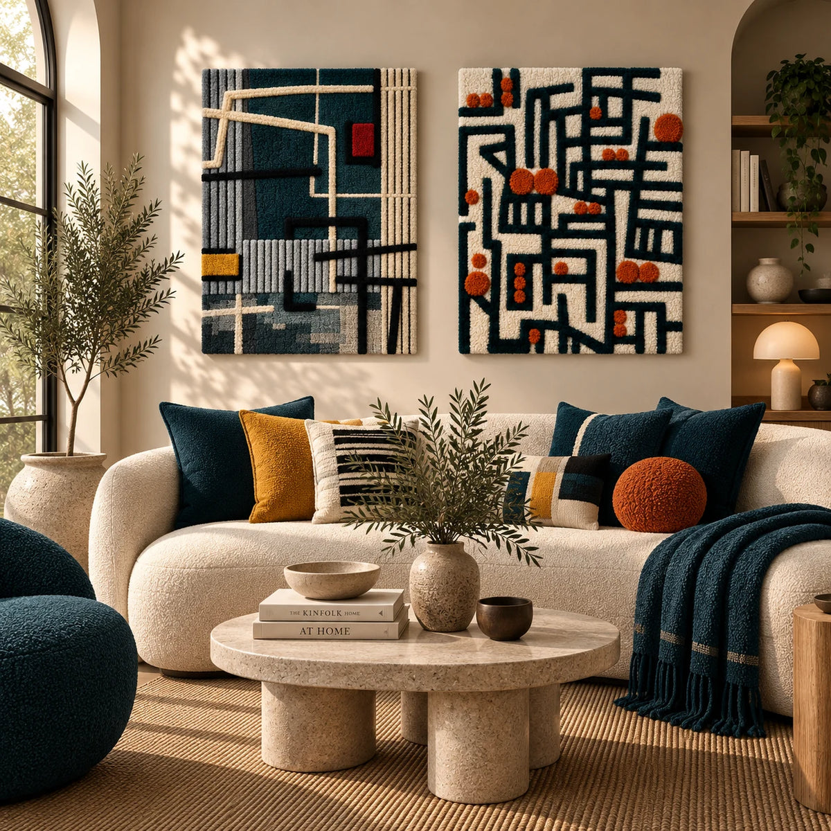 Teal Circuit with Crimson and Gold × Tropical Parrots paired wool wall art in a styled room — Teal Circuit Paths