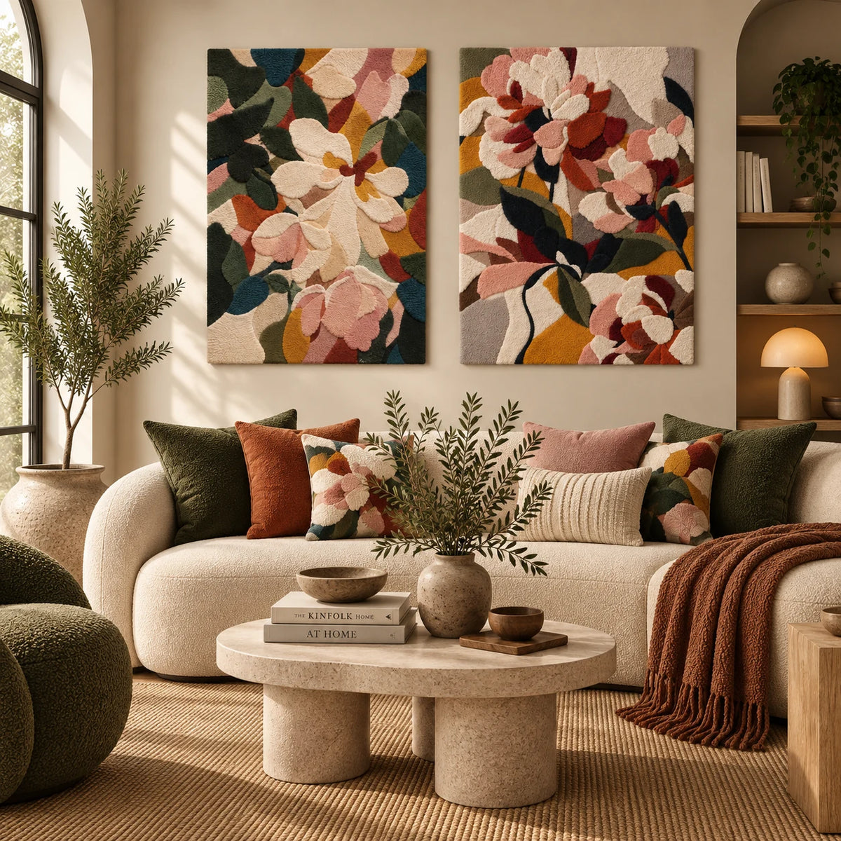 Magnolia in the Emerald Shade × Peonies in Warm Light paired wool wall art in a styled room — Blush Garden Layers