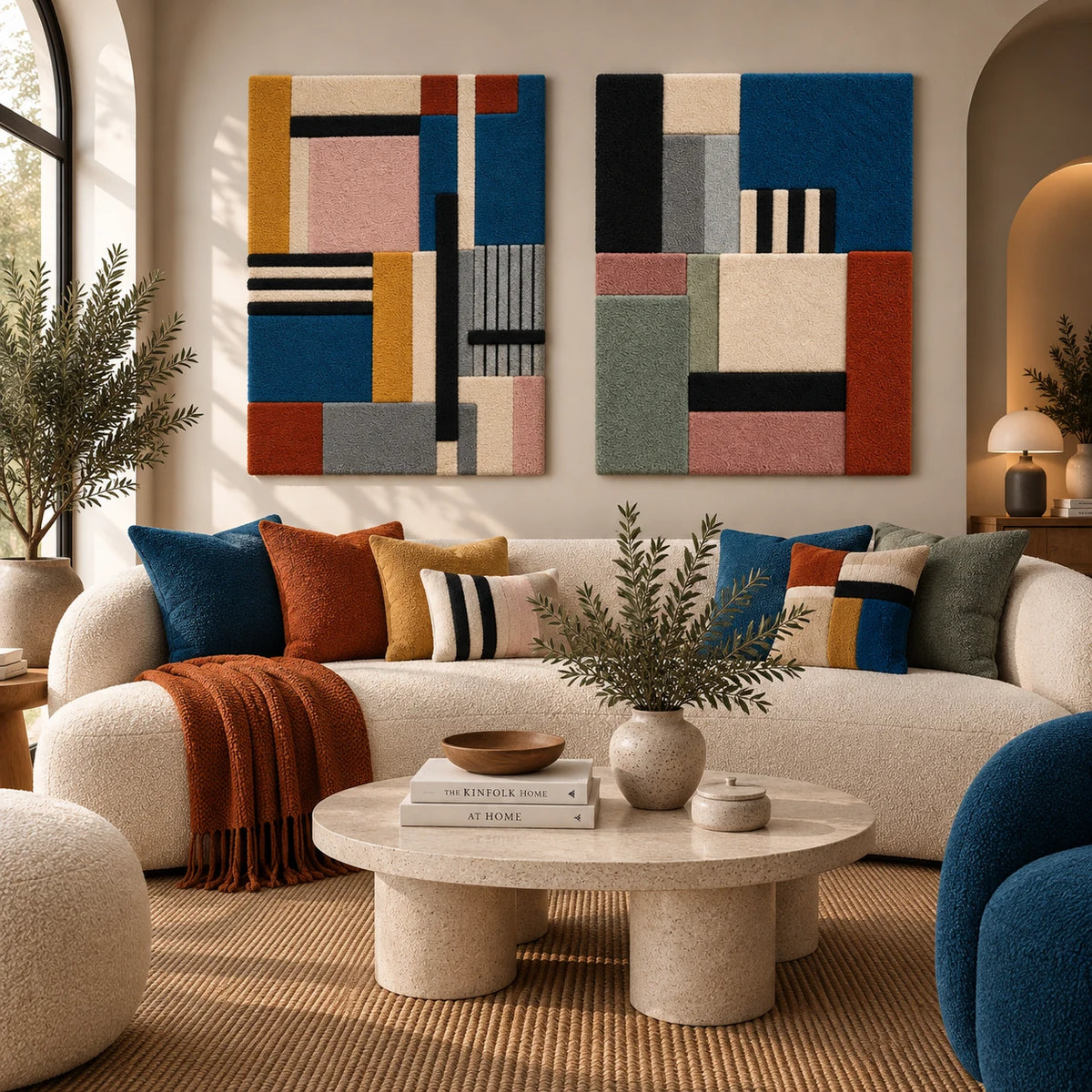 Rose and Indigo Architectural Blocks × Slate and Cobalt Block Arrangement paired wool wall art in a styled room — Rose and Cobalt Blocks