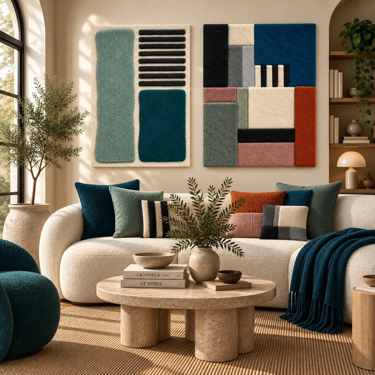 Sea Glass Blocks with Ebony Lines × Slate and Cobalt Block Arrangement paired wool wall art in a styled room — Sea Glass Geometry