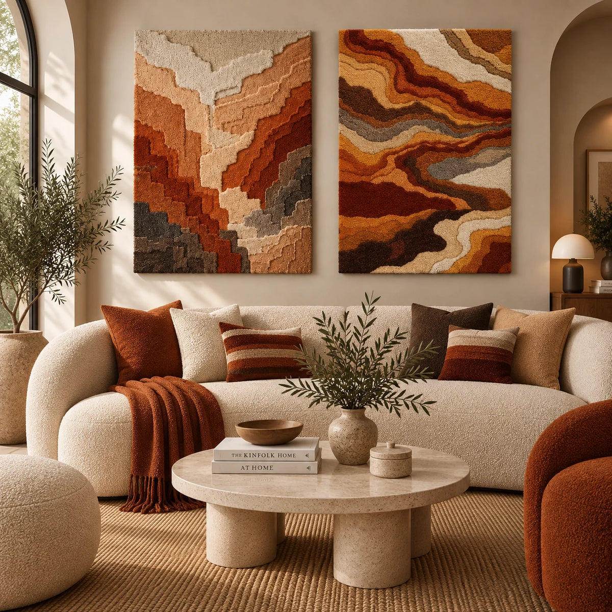 Canyon Fold × Canyon Strata paired wool wall art in a styled room — Warm Canyon Contours