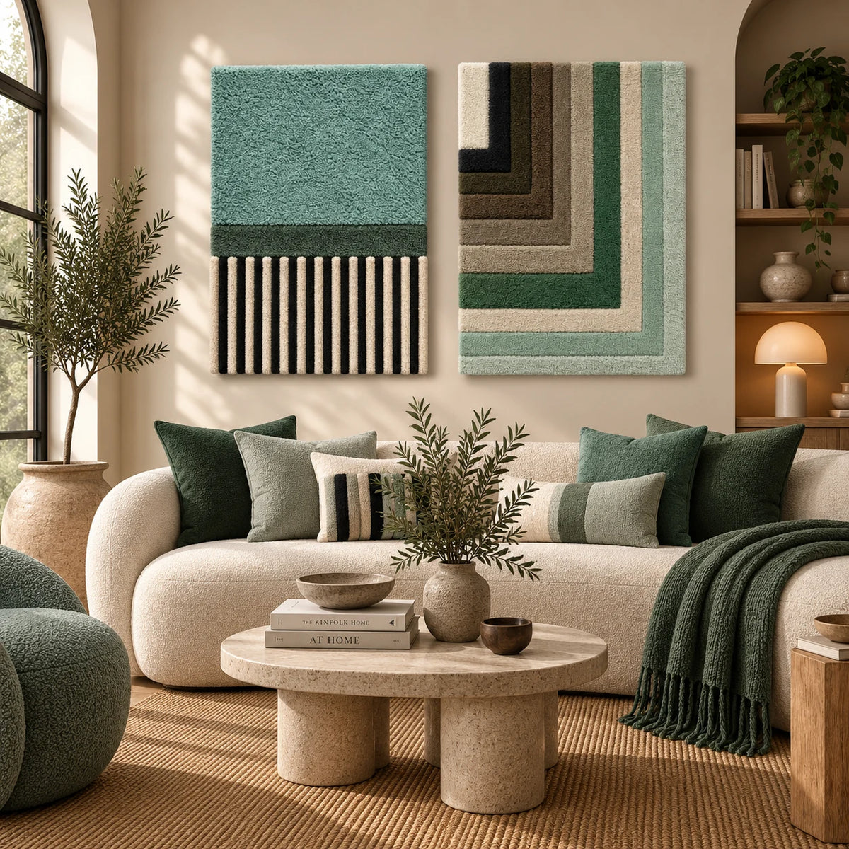 Seafoam Canopy Stripe Panel × Sage Corner Echoes paired wool wall art in a styled room — Sage Architecture