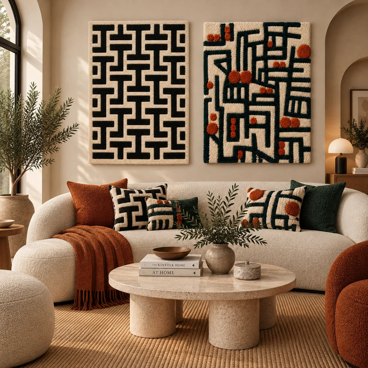 Ink Maze Interlock × Tropical Parrots paired wool wall art in a styled room — Ink Maze Pathways