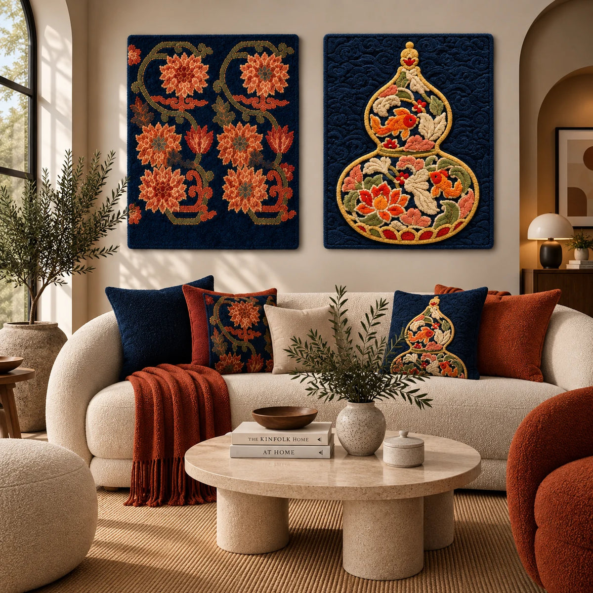 Midnight Medallion × Red Horizon paired wool wall art in a styled room — Midnight Ornament