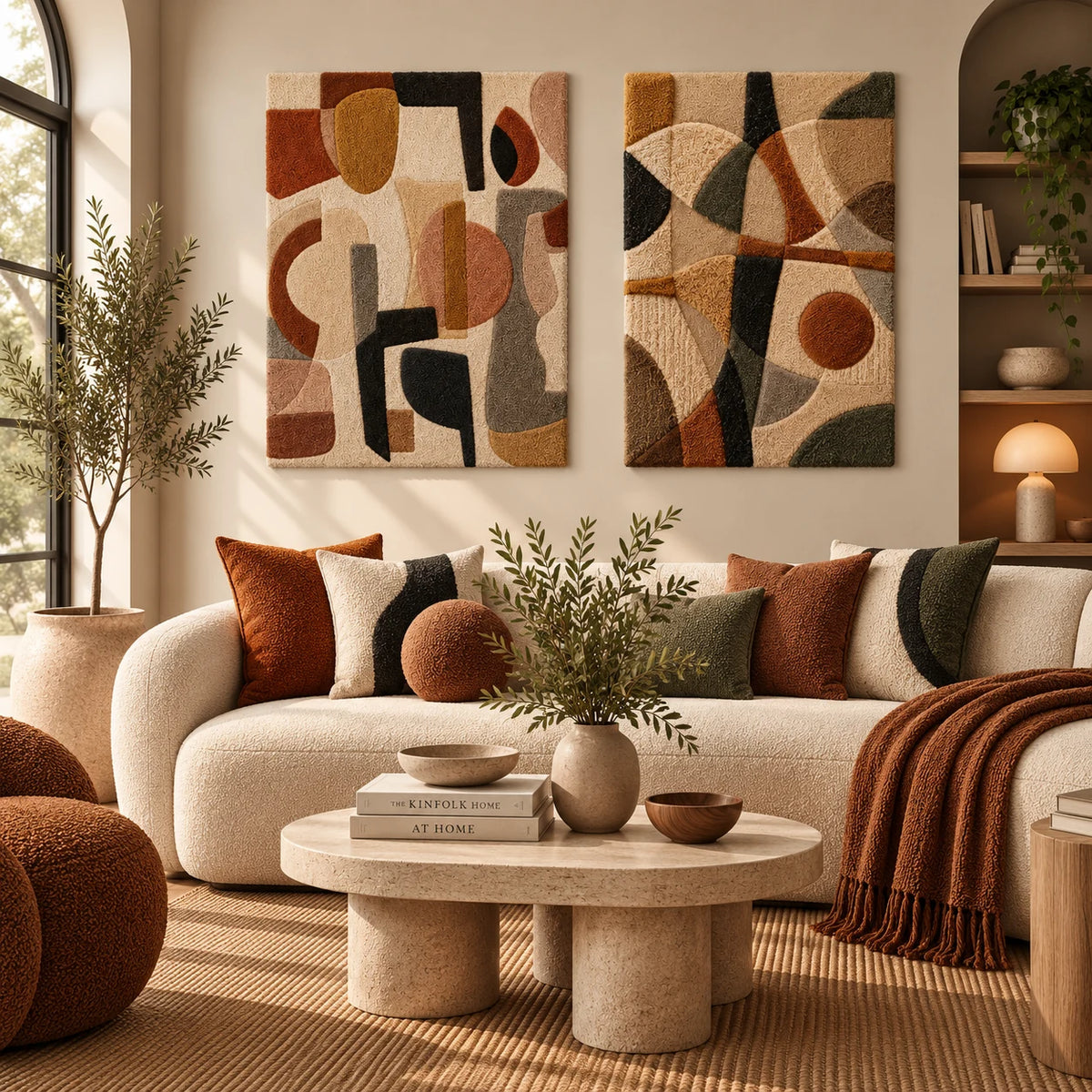 Desert Composition × Desert Geometry paired wool wall art in a styled room — Desert Form Dialogues