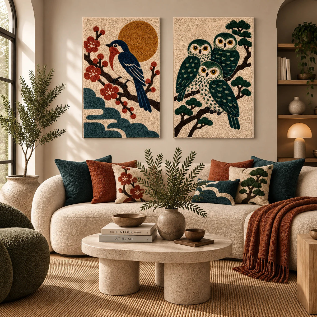 Songbird beneath the Golden Sun × Three Owls in Evergreen paired wool wall art in a styled room — Evergreen Wings