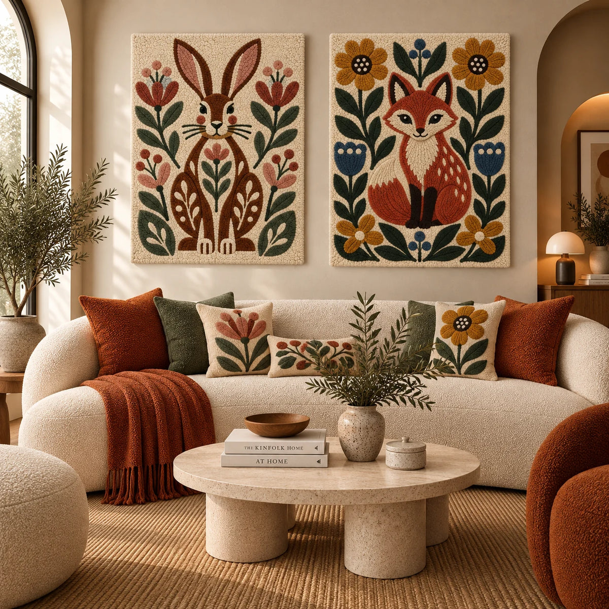 The Meadow Hare × The Sunflower Fox paired wool wall art in a styled room — Meadow Animal Friends