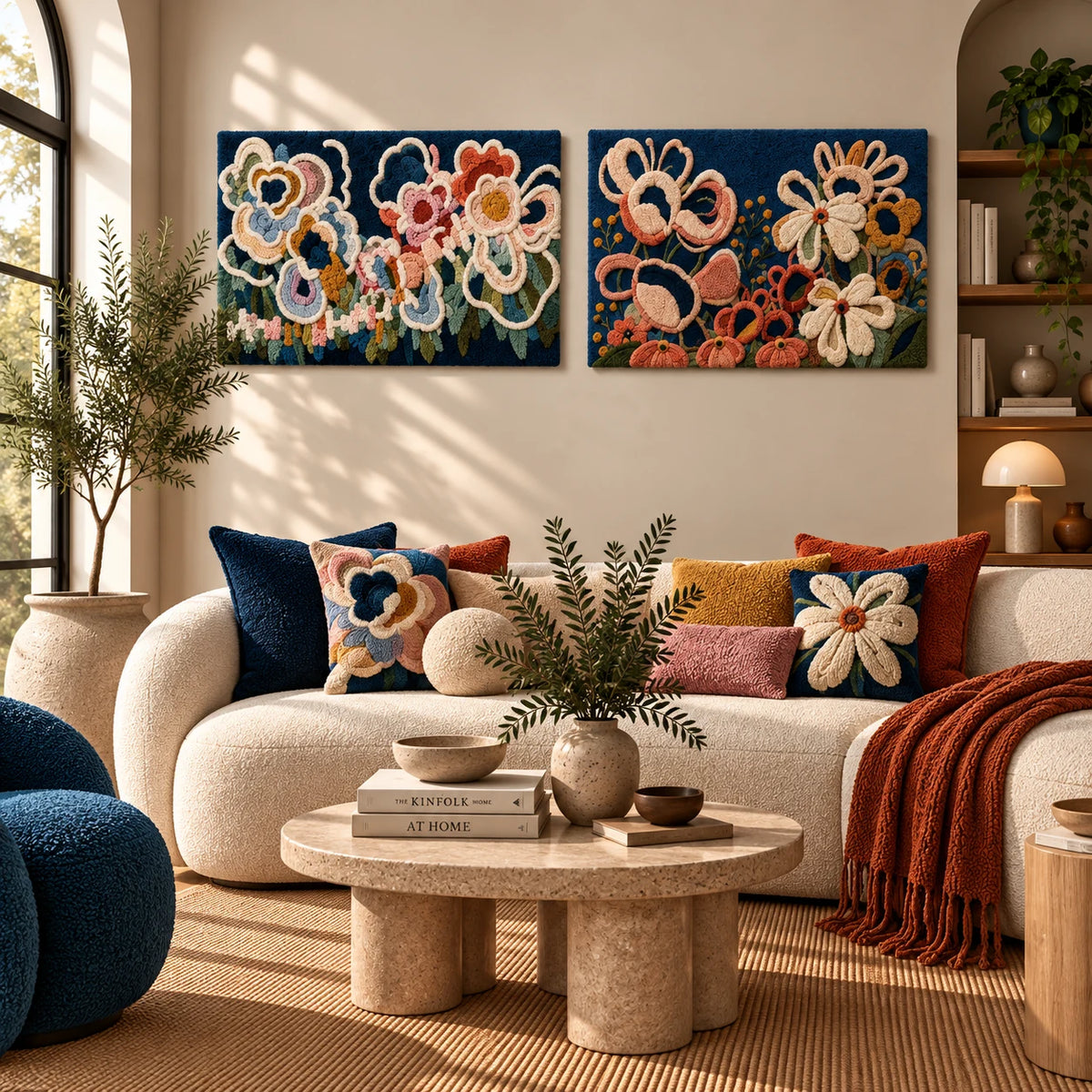 Butterfly Grid Blue × Coral Garden paired wool wall art in a styled room — Petal Conversation