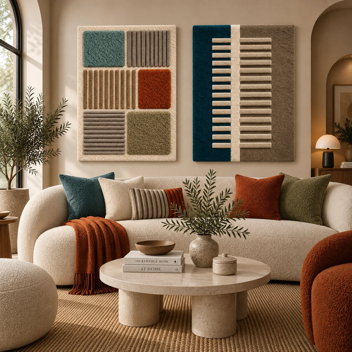 Earthtone Blocks and Ribbed Panels × Ivory Ladder on Teal and Taupe paired wool wall art in a styled room — Ivory Structure