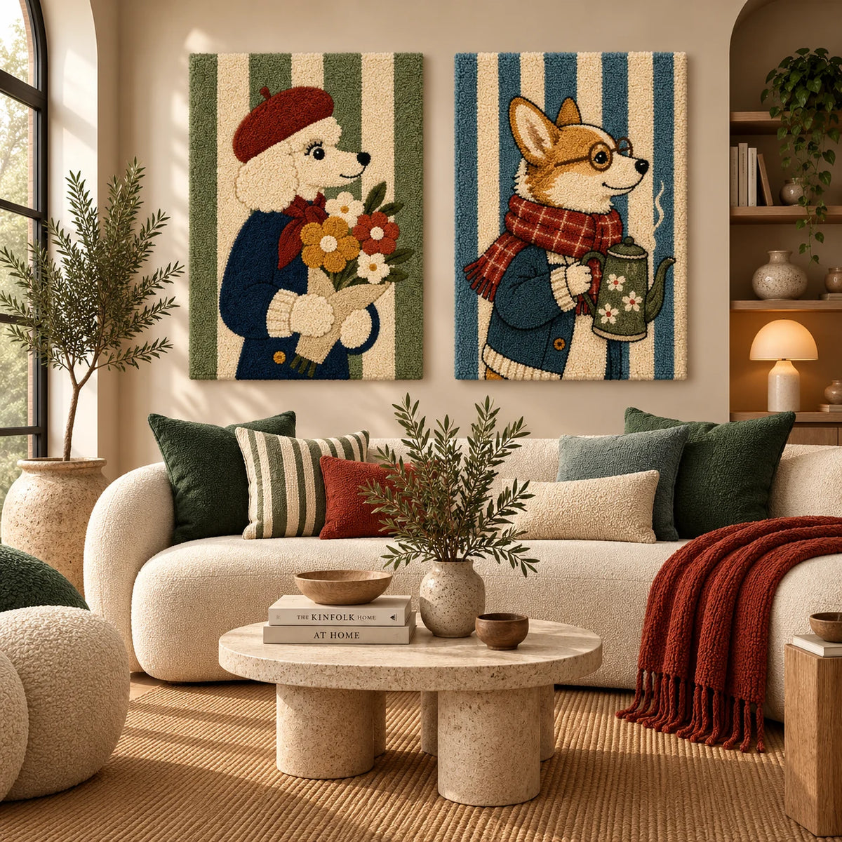 Bouquet Bearer × Corgi Traveler paired wool wall art in a styled room — Bouquet and Tea Friends