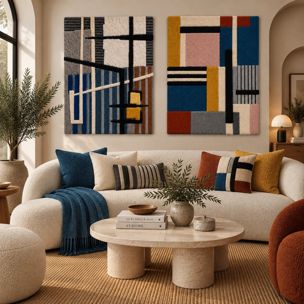 Ochre Squares in a Blue Line Grid × Rose and Indigo Architectural Blocks paired wool wall art in a styled room — Indigo Linear Rhythm