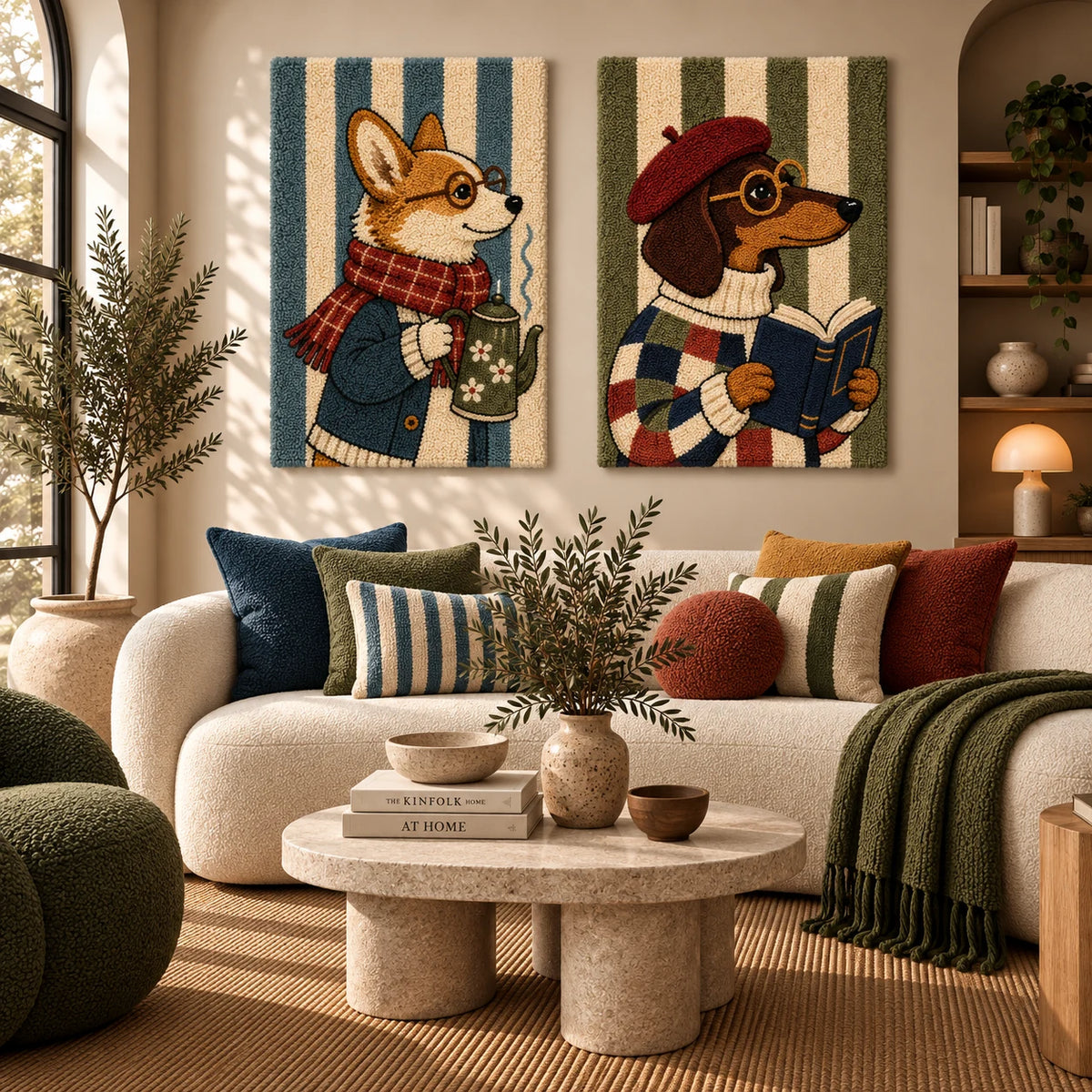 Corgi Traveler × Scholarly Dachshund paired wool wall art in a styled room — Cozy Scholar Companions