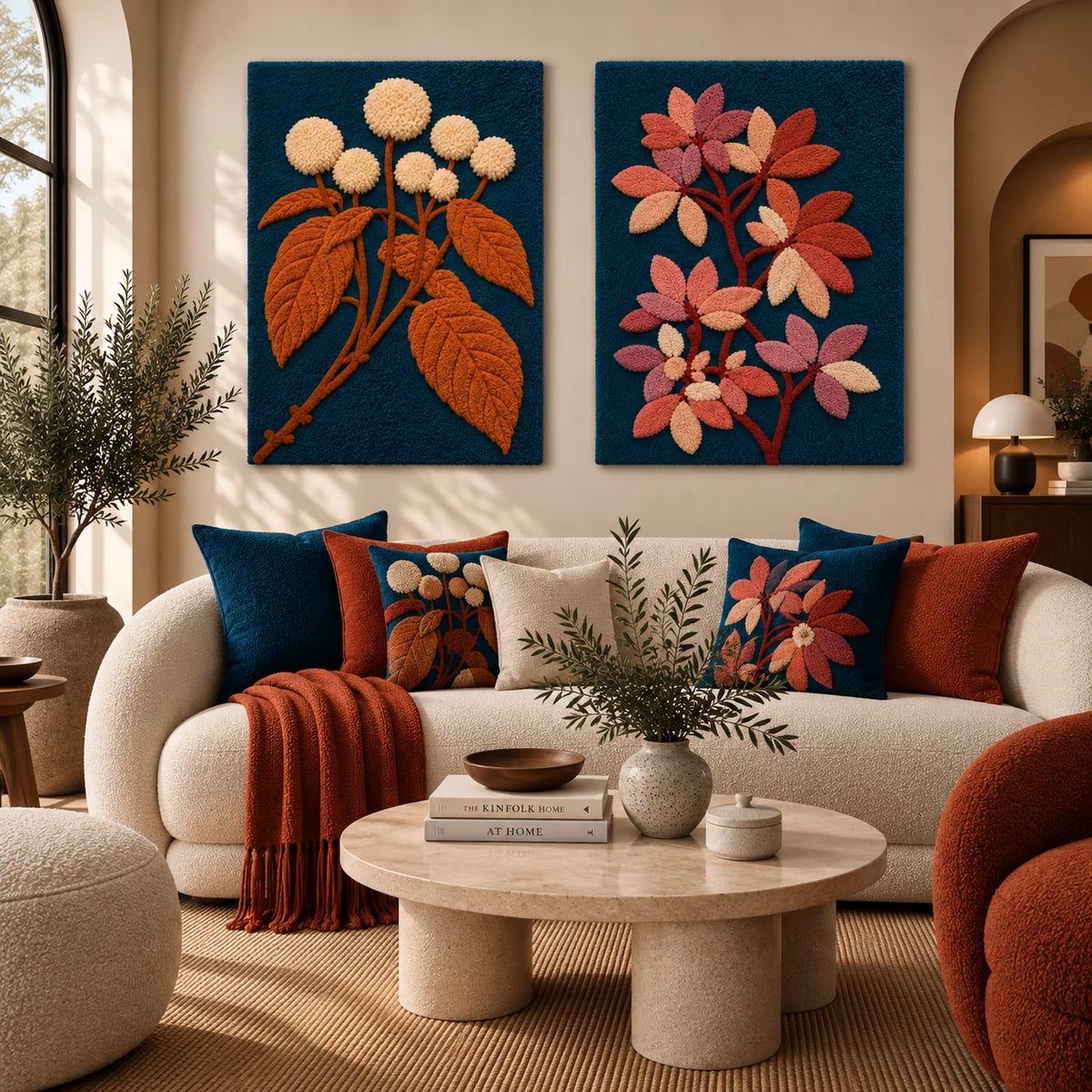 Cinder Estuary × Ember Bower paired wool wall art in a styled room — Ember Botanical Paths