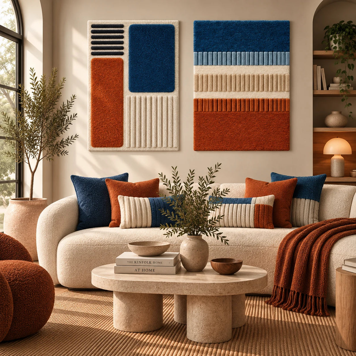 Indigo Ember Rib Quadrants × Tidal Ember Rib Bands paired wool wall art in a styled room — Indigo Ember Cadence