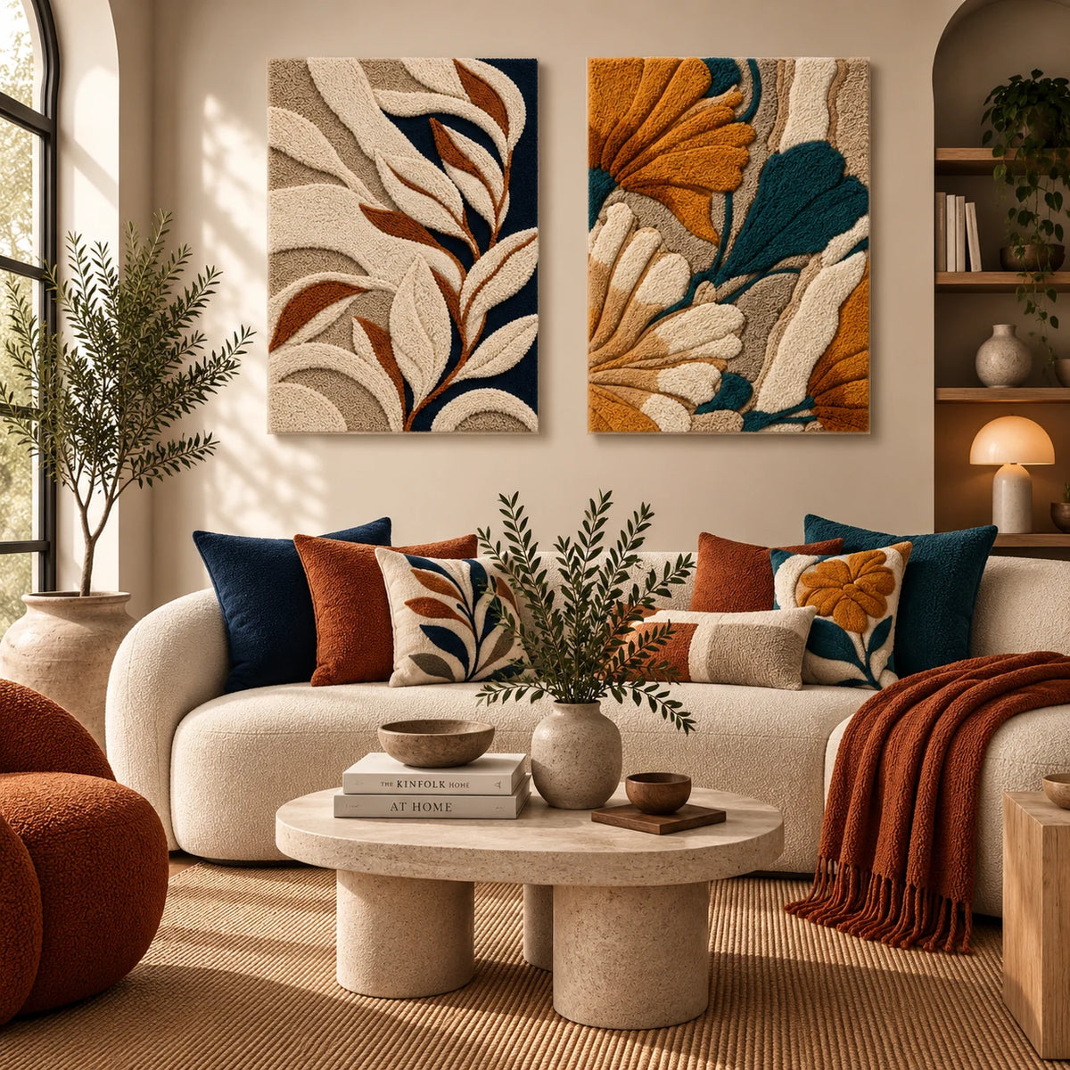 Ivory Leaves on Navy × Ginkgo Ochre & Teal paired wool wall art in a styled room — Ivory Botanical Flow