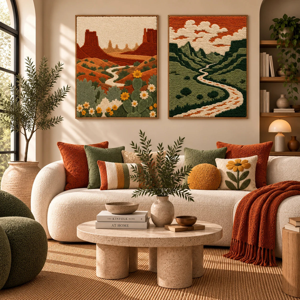 Gilded Parade × Luminous Palms paired wool wall art in a styled room — Winding Earth