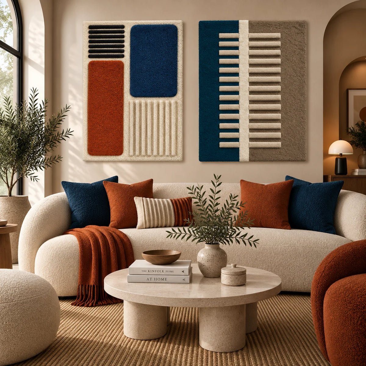 Indigo Ember Rib Quadrants × Ivory Ladder on Teal and Taupe paired wool wall art in a styled room — Ivory Measure