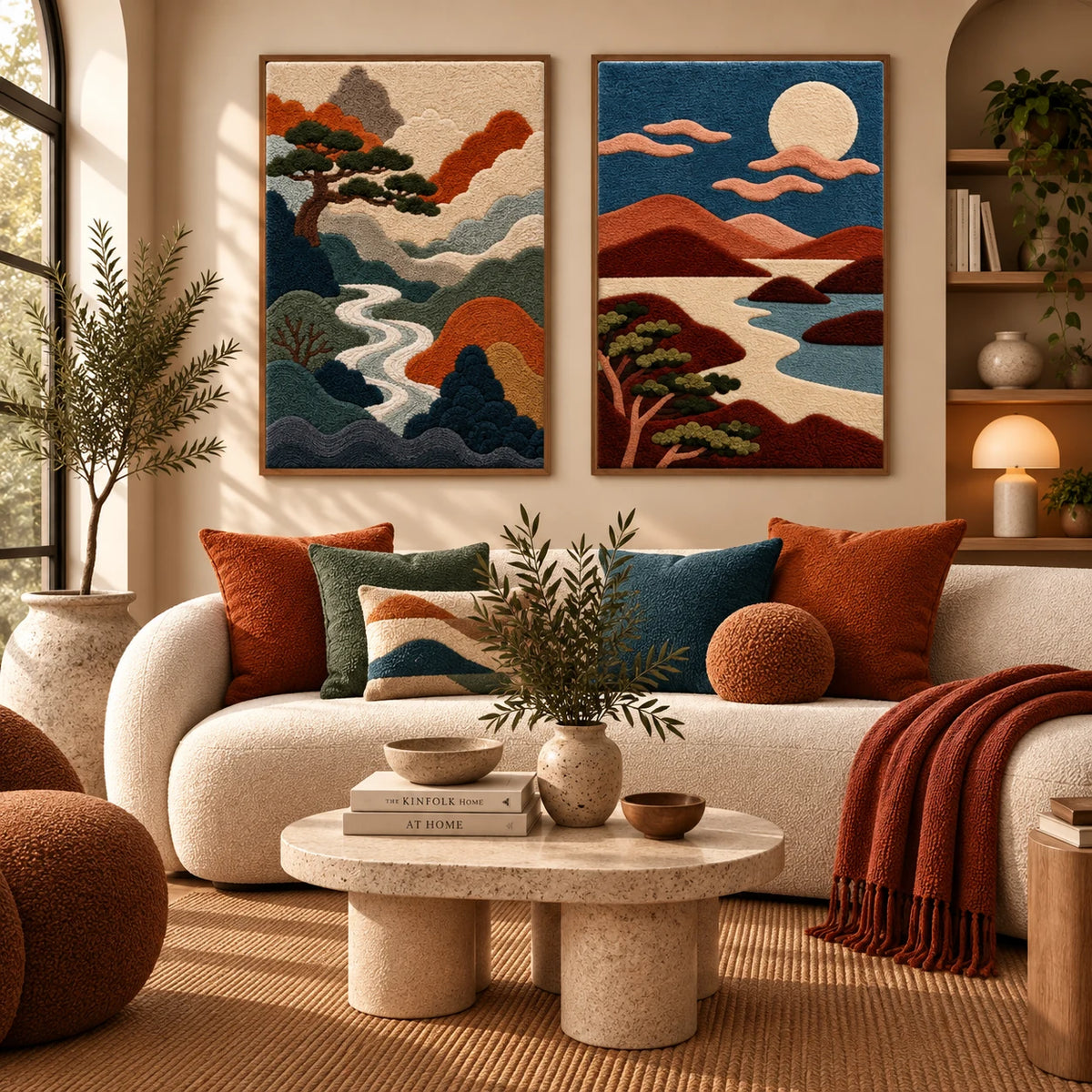 Luminous Thicket × Moonlit Canyon River paired wool wall art in a styled room — Moonlit Passage