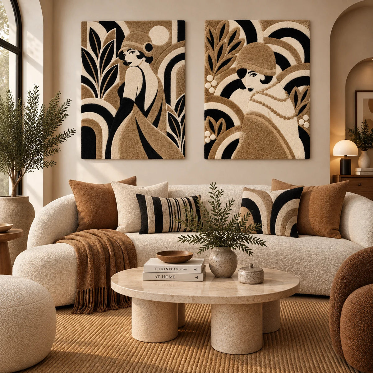 Cloche Evening Muse × Moonlit Cloche Portrait paired wool wall art in a styled room — Cloche Moonlight