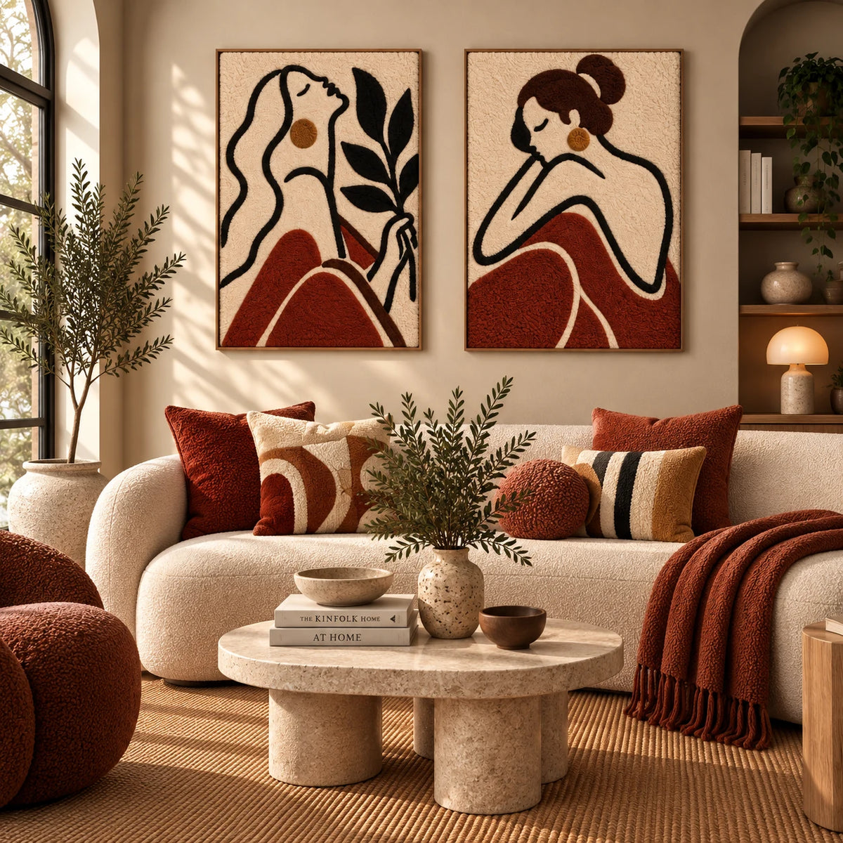 Olive Branch Reverie × Quiet Garnet Muse paired wool wall art in a styled room — Quiet Olive Reverie