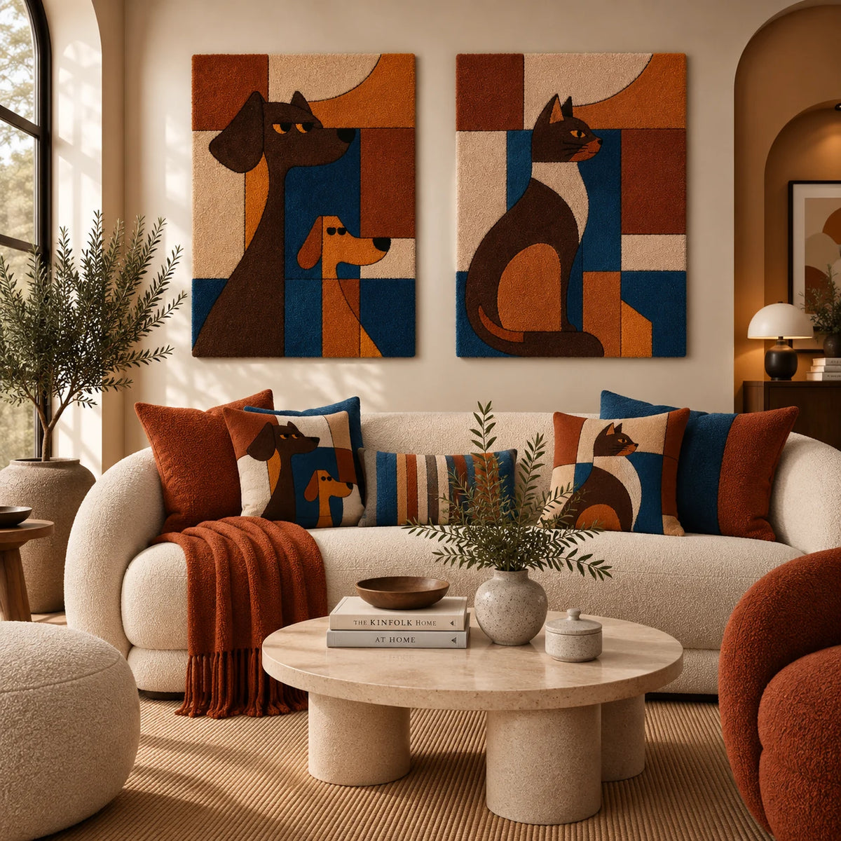 Sentinel Cat and Pup × Terracotta Cat Blocks paired wool wall art in a styled room — Terracotta Companions