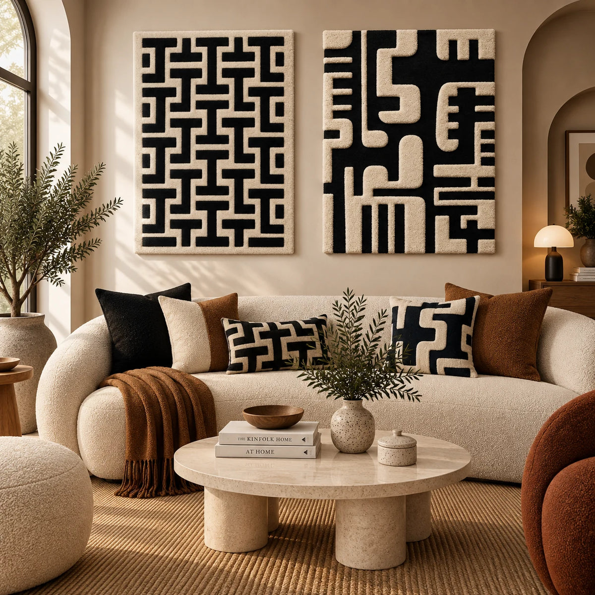 Ink Maze Interlock × Ivory Circuit Labyrinth paired wool wall art in a styled room — Ivory Ink Pathways