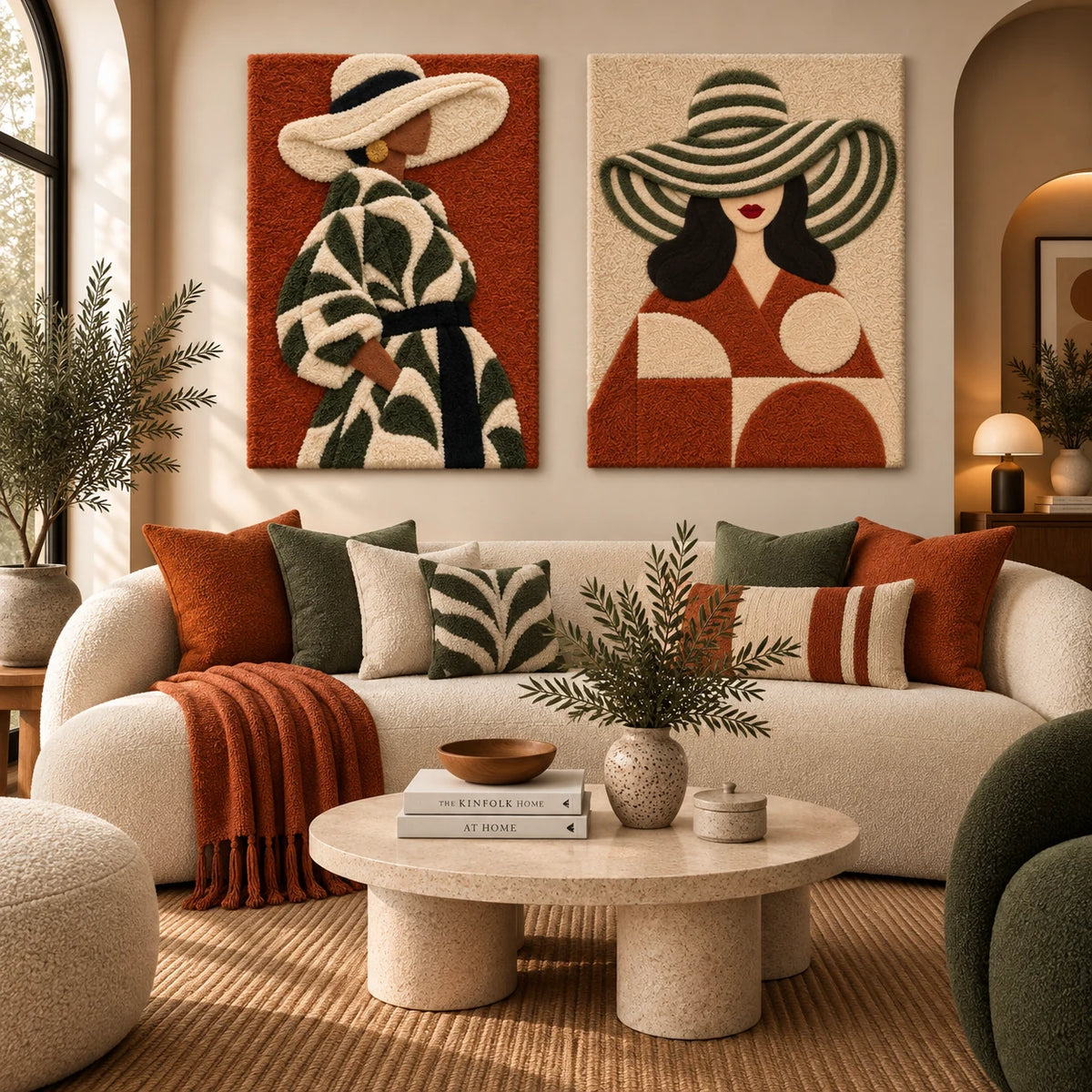 Olive Leaf Coat Muse × Olive Stripes Terracotta Muse paired wool wall art in a styled room — Olive and Terracotta Muses