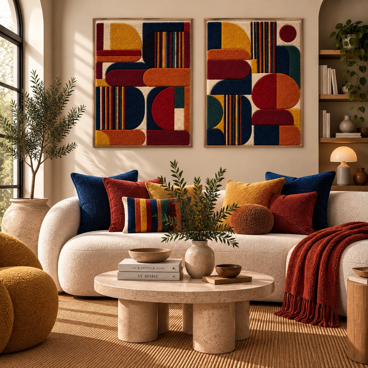 Amber Stripes and Arches × Autumn Arc Orchestra paired wool wall art in a styled room — Amber Arc Rhythm