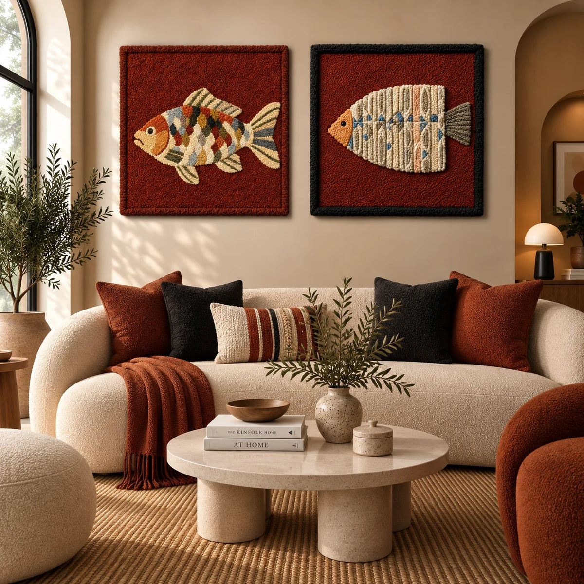 Cloud Garden Red × Terracotta Village paired wool wall art in a styled room — Terracotta Fish Textures