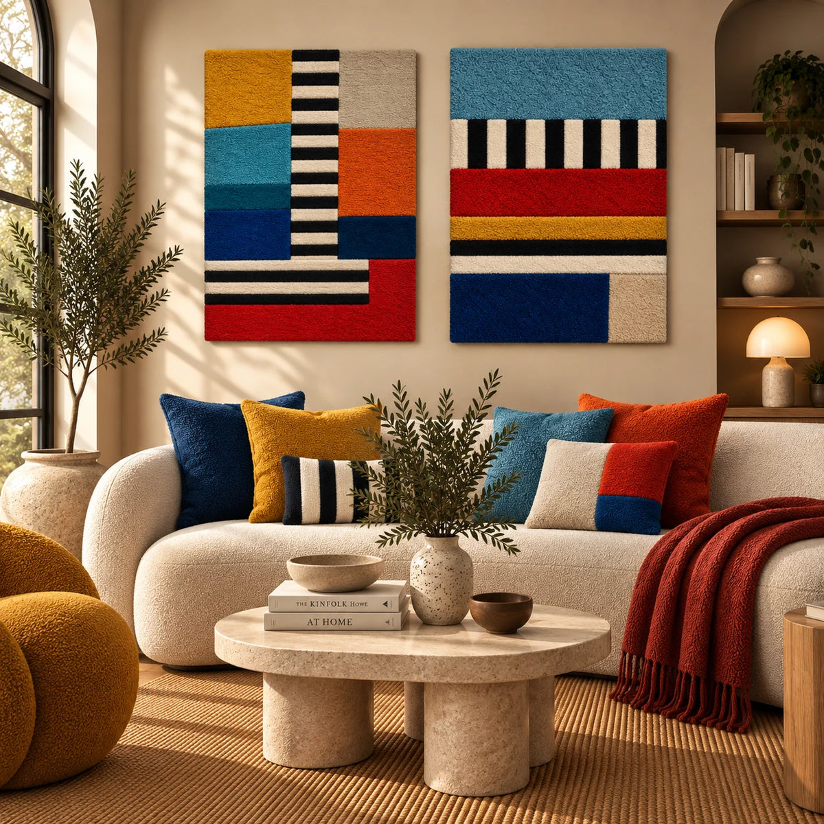 Primary Blocks with a Striped Spine × Sky Stripe and Primary Bands paired wool wall art in a styled room — Primary Stripe Balance