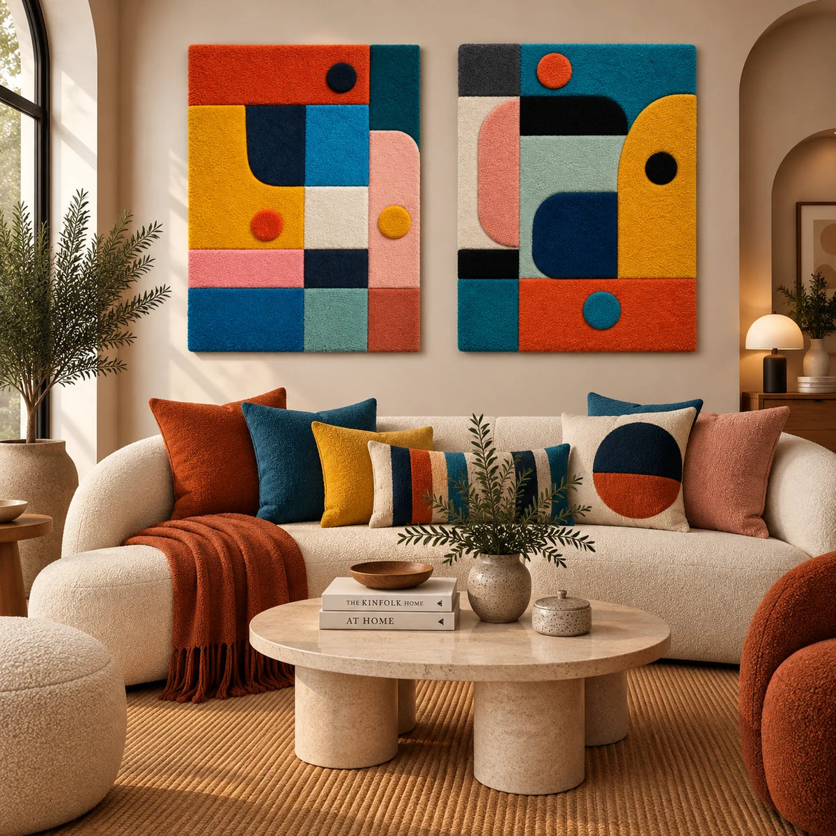 Candy Block Balance × Marigold and Teal Rounded Assembly paired wool wall art in a styled room — Candy Color Assembly