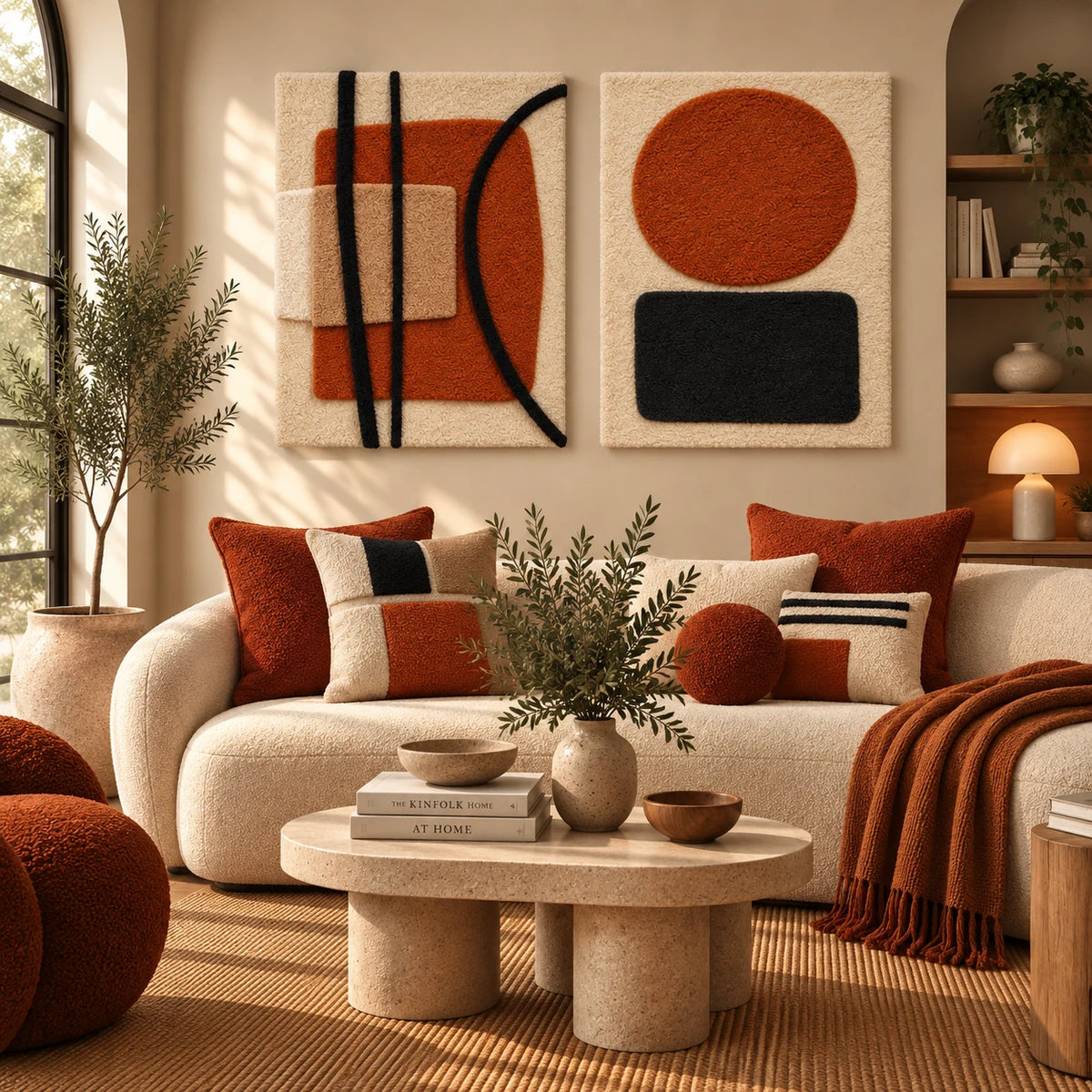 Black Arc over a Clay Square × Ember Disc and Charcoal Plinth paired wool wall art in a styled room — Clay Ember Shapes