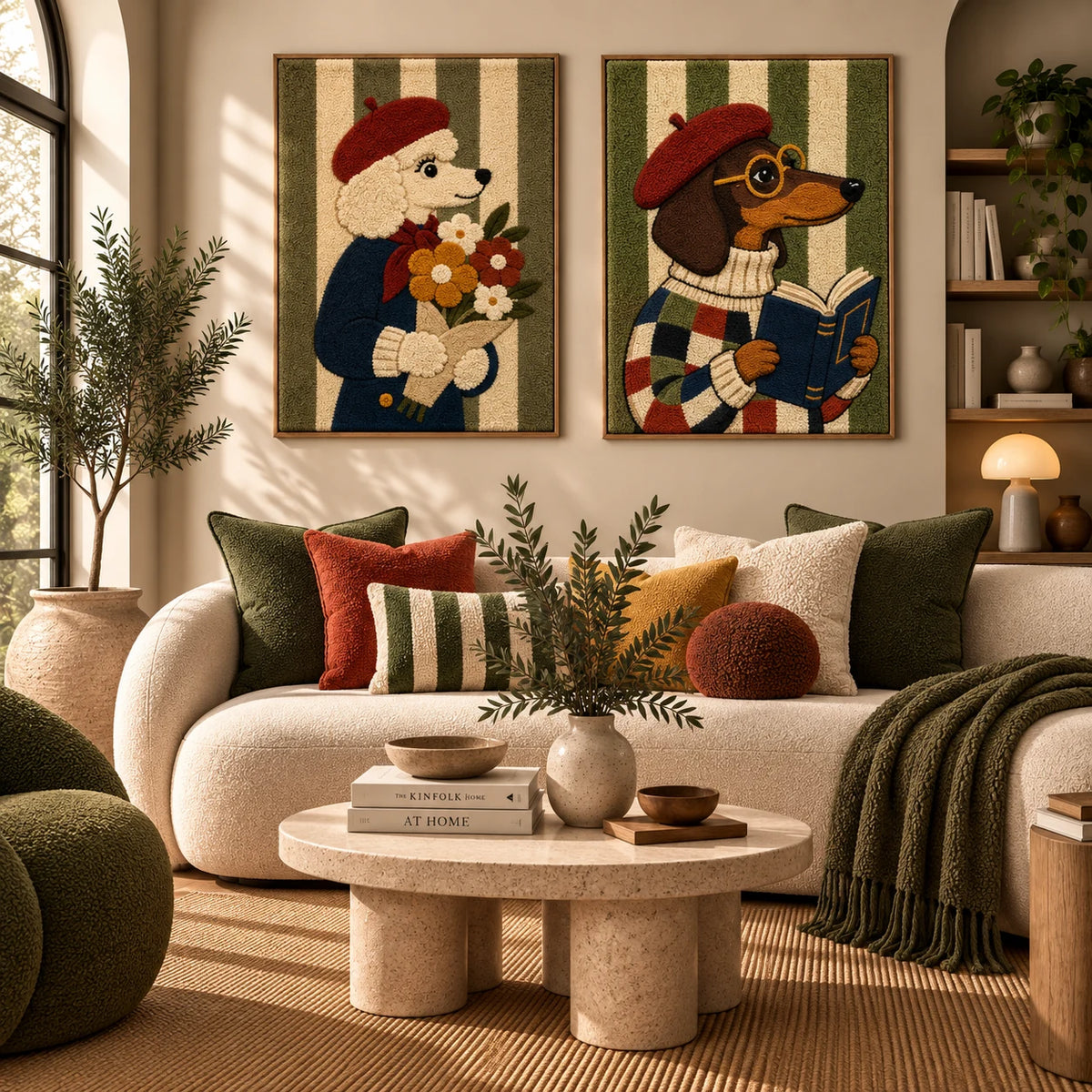 Bouquet Bearer × Scholarly Dachshund paired wool wall art in a styled room — Sage Scholars