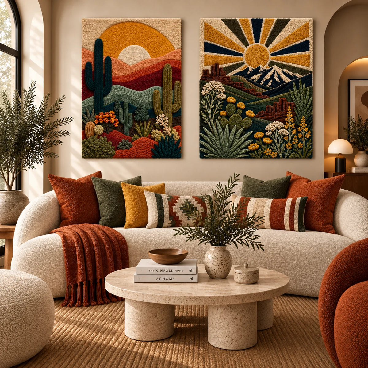 Cinder Copse × Luminous Wildflower paired wool wall art in a styled room — Desert Radiance