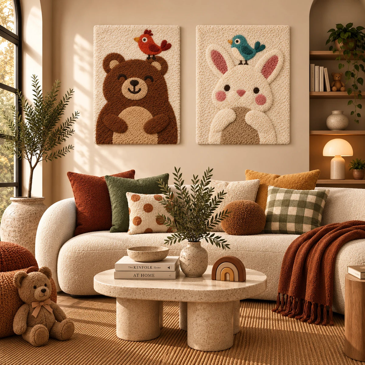 Bear and Robin × Bunny and Tealbird paired wool wall art in a styled room — Woodland Friends