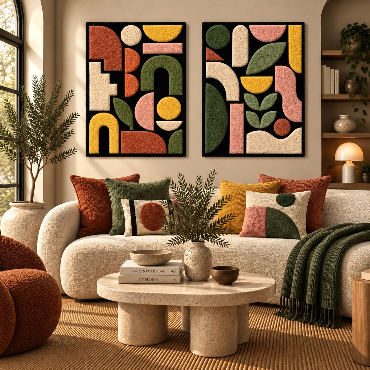 Earthtone Shape Parade × Garden of Simple Shapes paired wool wall art in a styled room — Garden Geometry