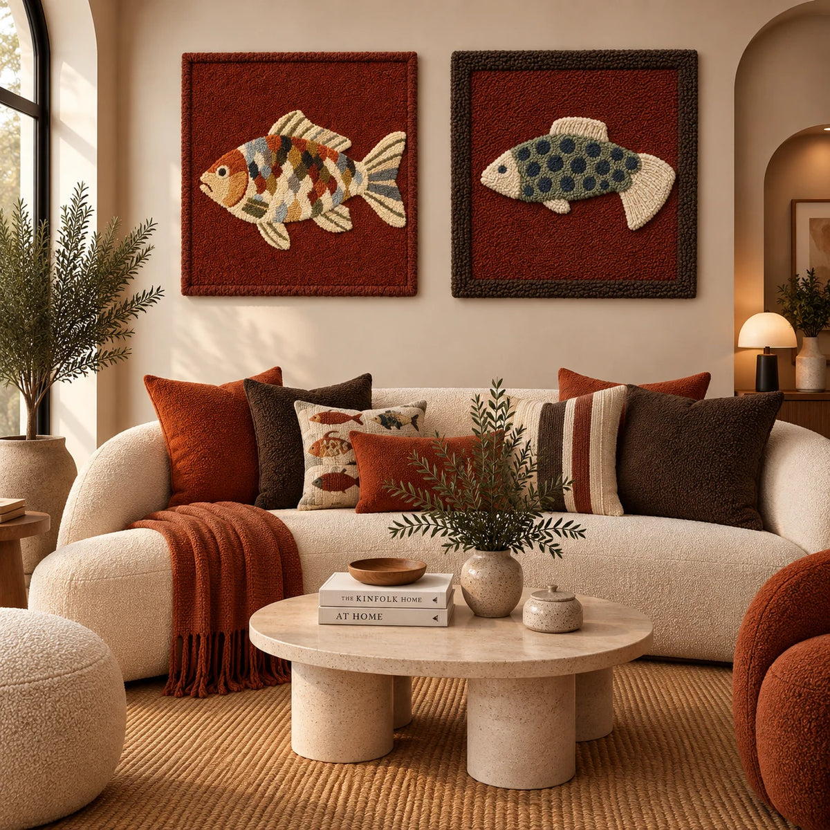 Cloud Garden Red × Village Tapestry paired wool wall art in a styled room — Rustwater Companions